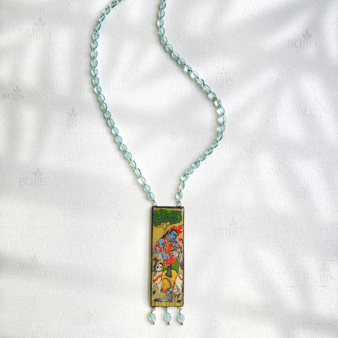 Krishna Serenity Set by Bujjis with Hand-Painted Krishna Pendant and Blue Glass Beads