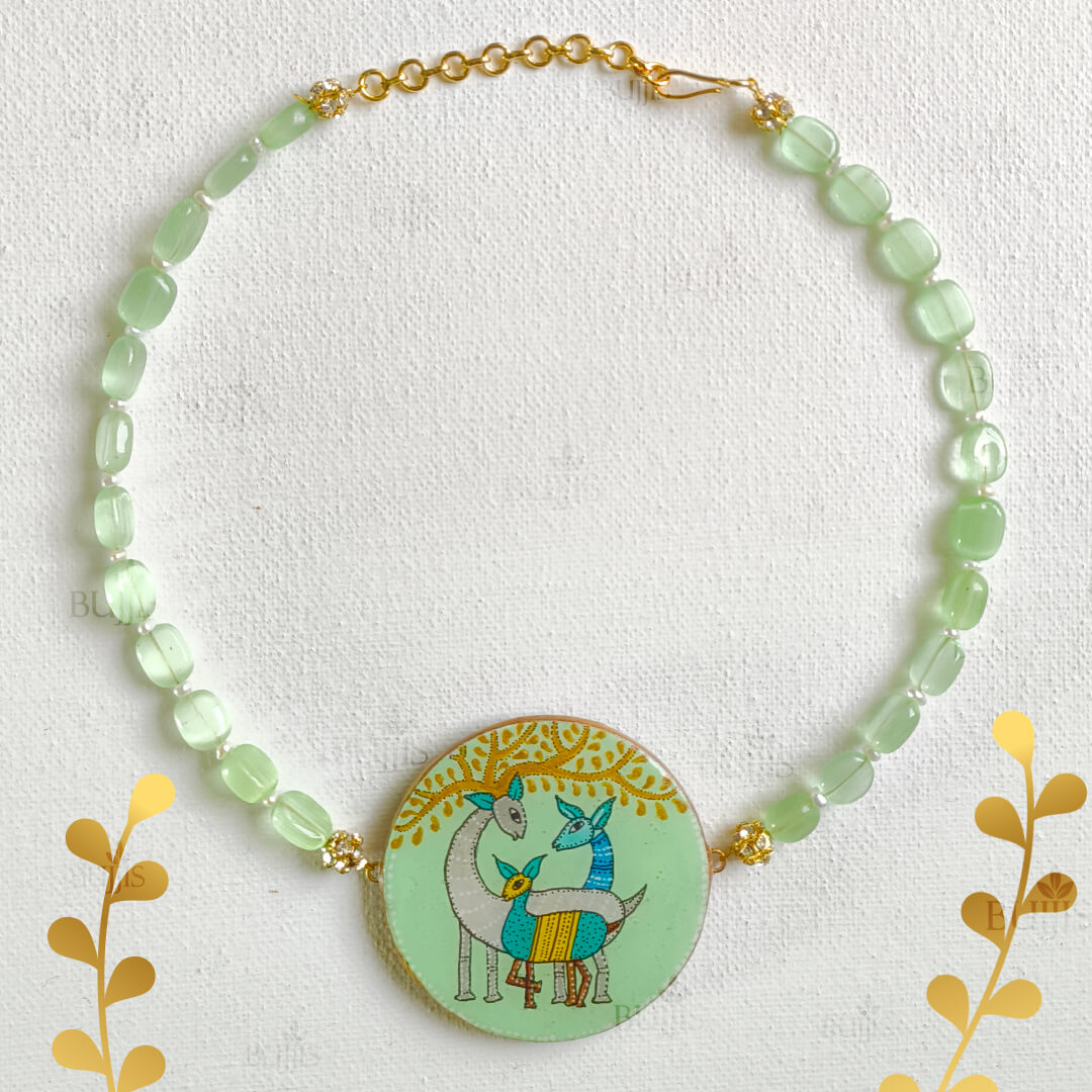 Gond painting necklace with Mona Lisa beads - Stag Spirit