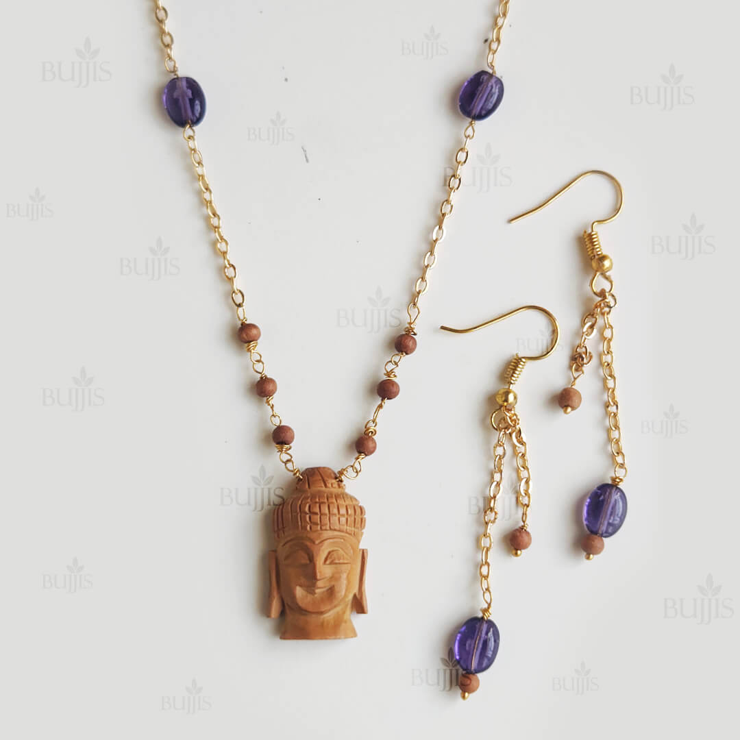 Tranquil Grace necklace set by Bujjis with Buddha pendant, sandalwood and purple glass beads