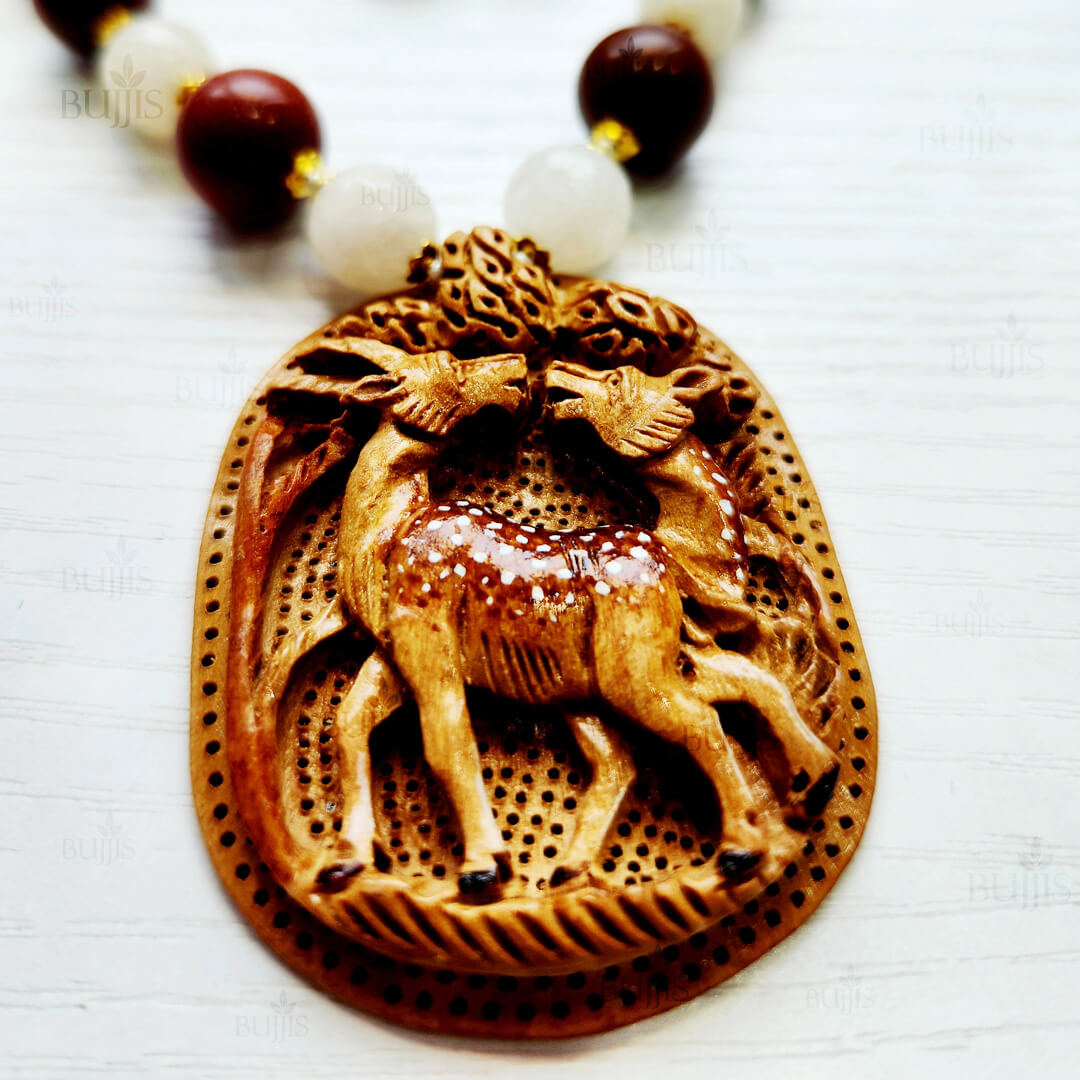 Woodland Grace Necklace & Earring Set by Bujjis with hand-carved wooden pendant and earthy beads.