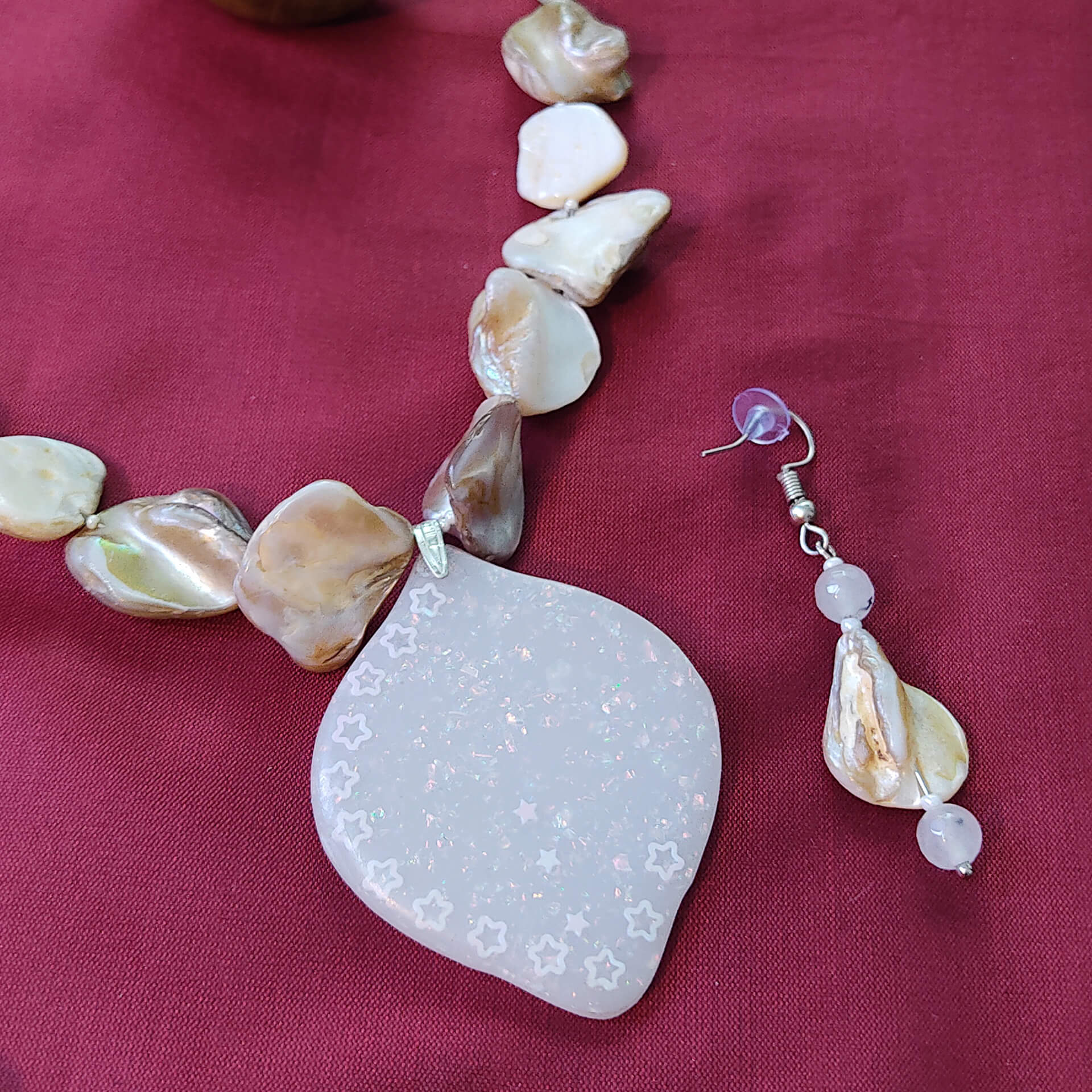 Shells & Stones resin necklace set with star-detailed shimmer locket, mother of pearl chain, and handcrafted earrings – Bujjis.in