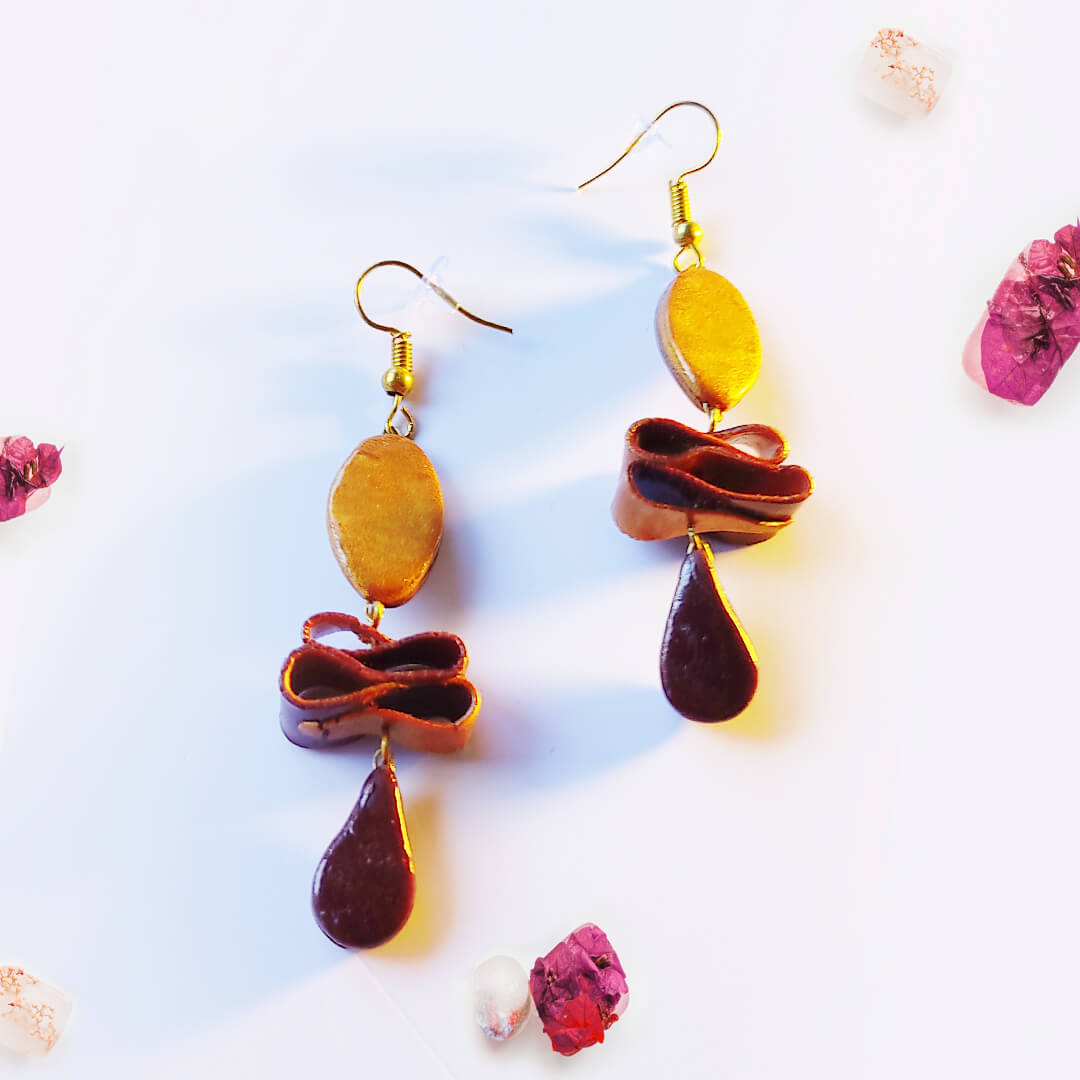 Cocoa Rose brown polymer clay earrings with matte gold tops and floral textures – handcrafted by Bujjis.in