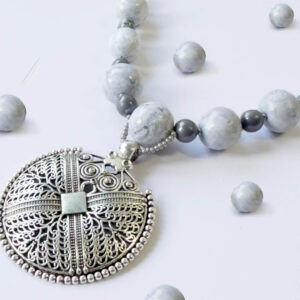 Hand-painted marble bead necklace with oxidized silver pendant – Frost Gleam by Bujjis.in