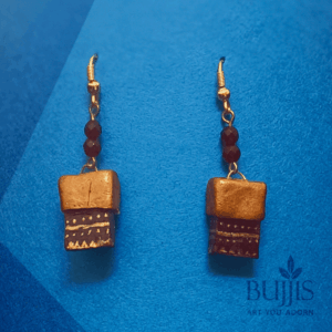 “Handcrafted geometric polymer clay earrings in brown and gold by Bujjis, lightweight and elegant accessory.”