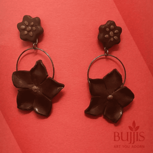 Polymer clay floral earrings in chocolate brown with dual-flower design by Bujjis