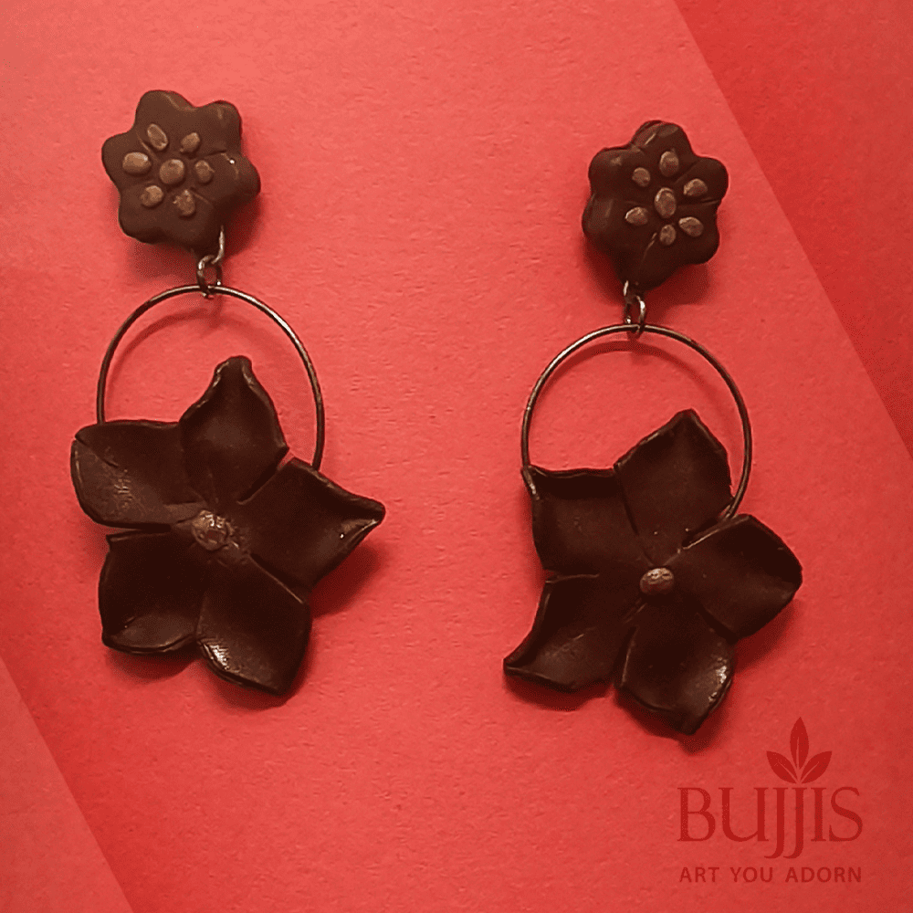Polymer clay floral earrings in chocolate brown with dual-flower design by Bujjis