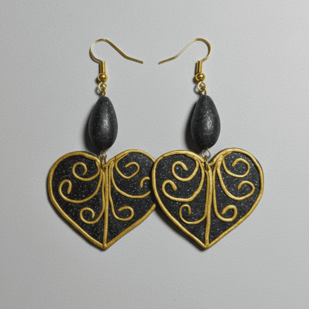 Black Gold Polymer Earrings – Handmade Heart Drop Design